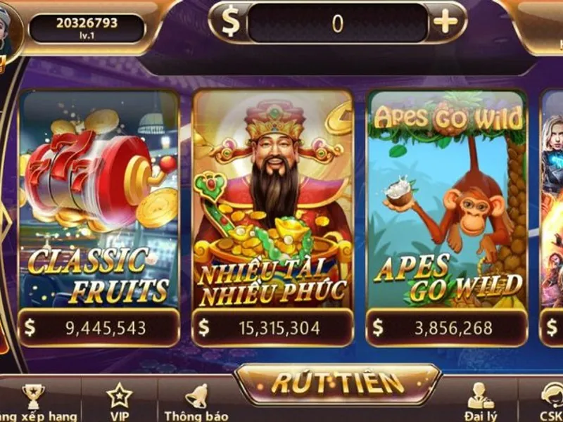 Hình ảnh các máy slot game với biểu tượng nổ hũ và tiền thưởng